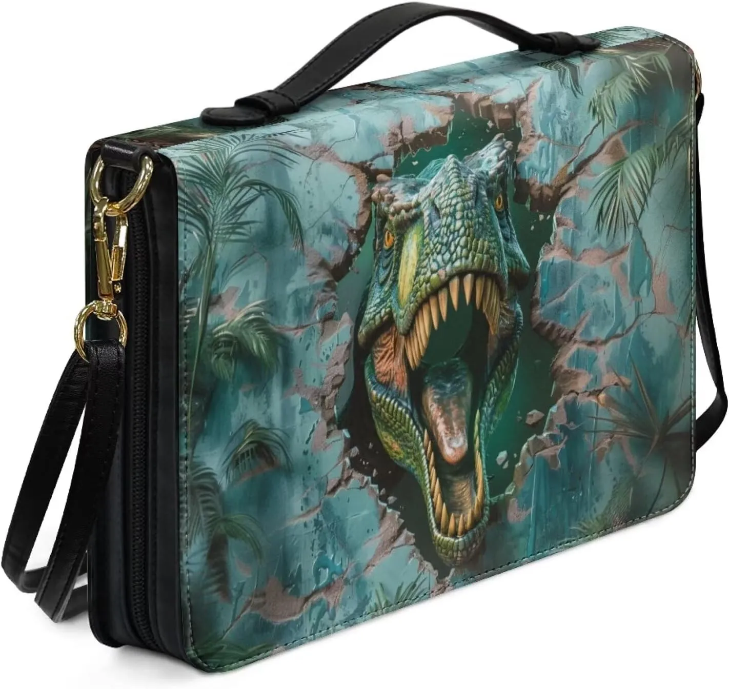 Lotusorchid 3D Dinosaur Bible Tote Bag for Men Boys, PU Leather Bible Case with Detachable Shoulder Strap, Bible Book Cover for Christian Gift, Green, Size M