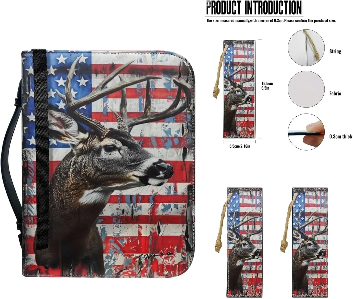 Lotusorchid American Flag Deer Print Bible Cover with Matched Book Marks for Women, PU Leather Bible Carrying Case Bible Bag for Men Protective Bible Case with Pen Storage, Size M