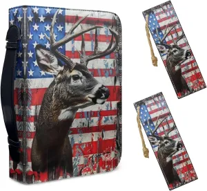 Lotusorchid American Flag Deer Print Bible Cover with Matched Book Marks for Women, PU Leather Bible Carrying Case Bible Bag for Men Protective Bible Case with Pen Storage, Size M
