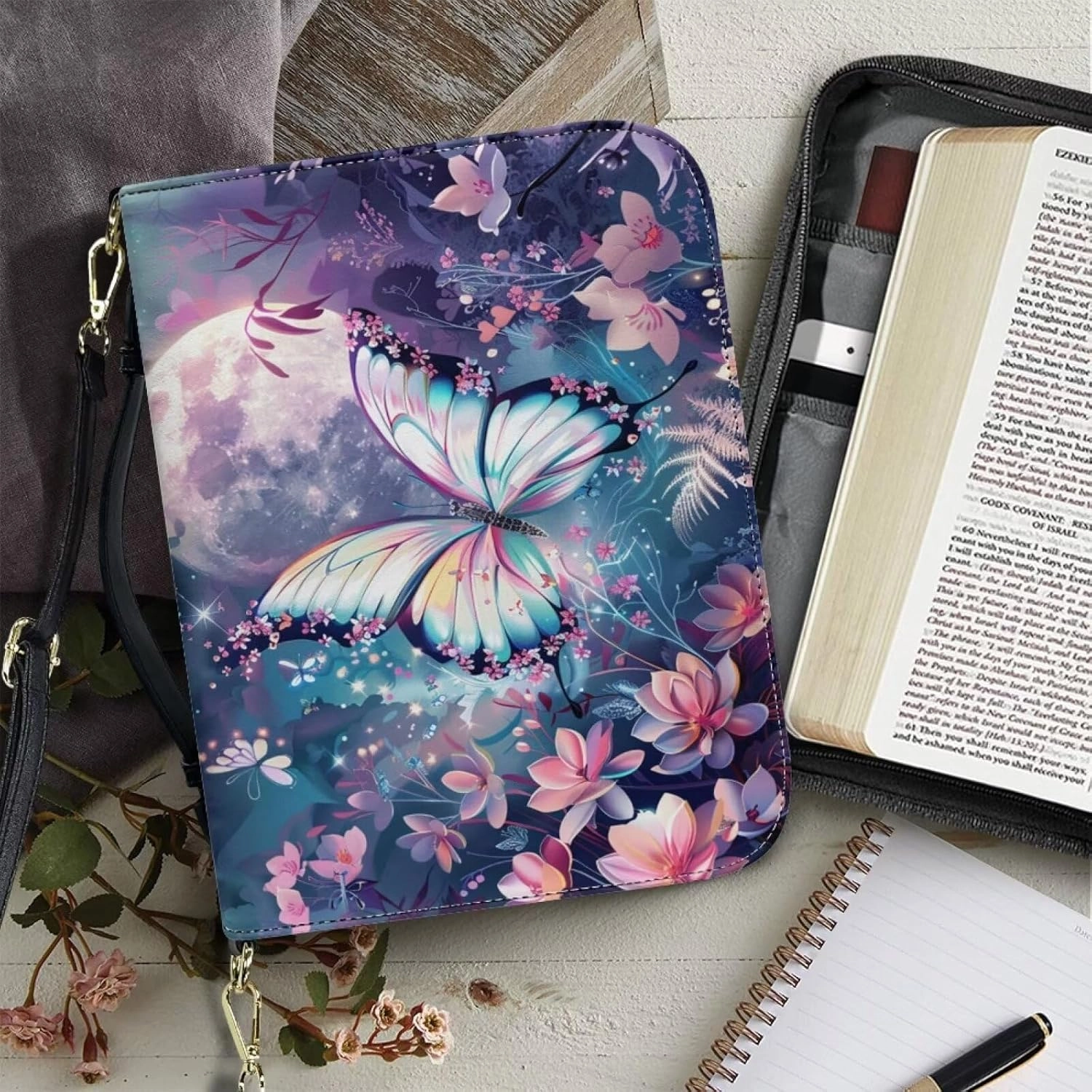 Lotusorchid Bible Cover Bag for Women, Men Bible Accessories with Handle, Bible Carrier Tote with Detachable Shoulder Strap