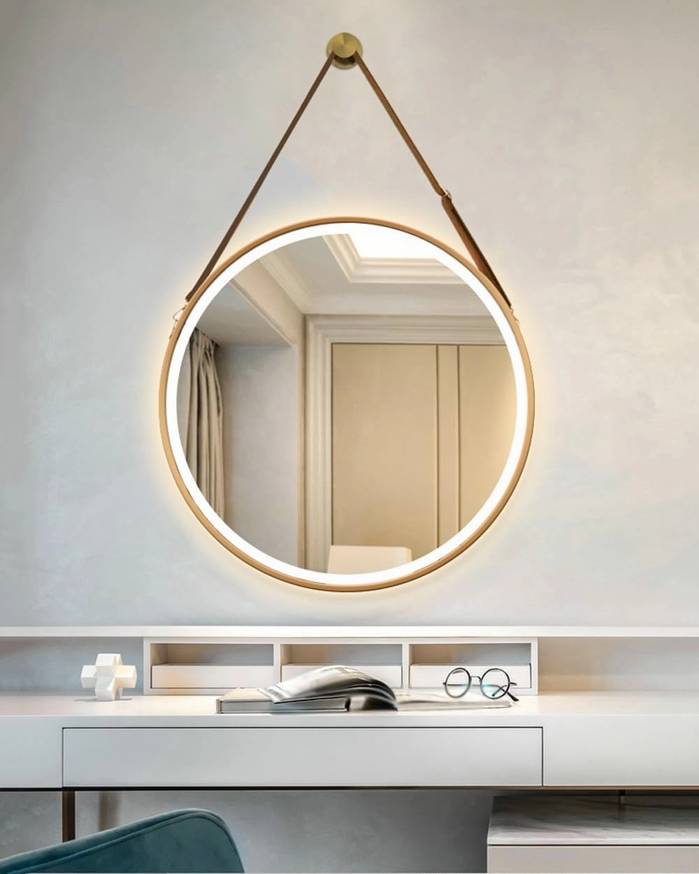 LTSRLL Round LED Bathroom Hanging Mirror Anti-Fog Lighted Makeup Mirror for Wall Display and Home Decor(White,40CM/15.7in)