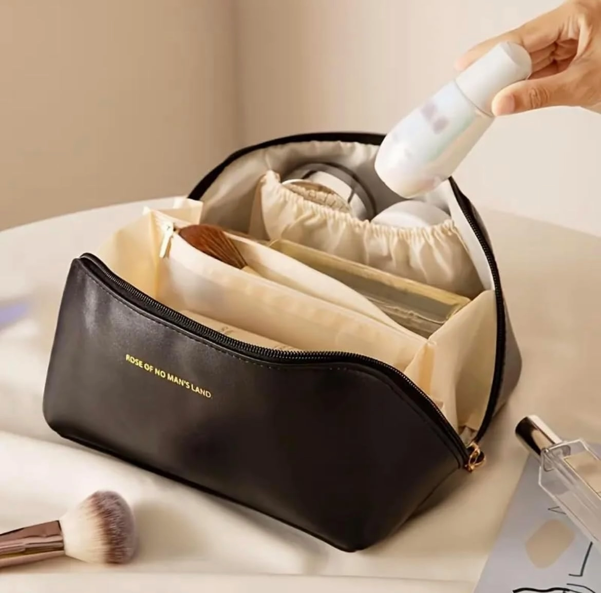 Luxury Makeup Bag for Women, Cosmetic bag, Makeup case,Travel makeup bag,Toiletry bag, Large, Waterproof, portable, Open Flat, Make up Organizer with Divider and Handle (Black)