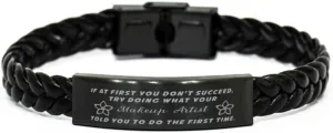 Makeup Artist Braided Leather Bracelet, If at first you don't succeed, try doing what your athletic trainer told you to do the first time., Laser Engraved, Stainless Steel Wristband