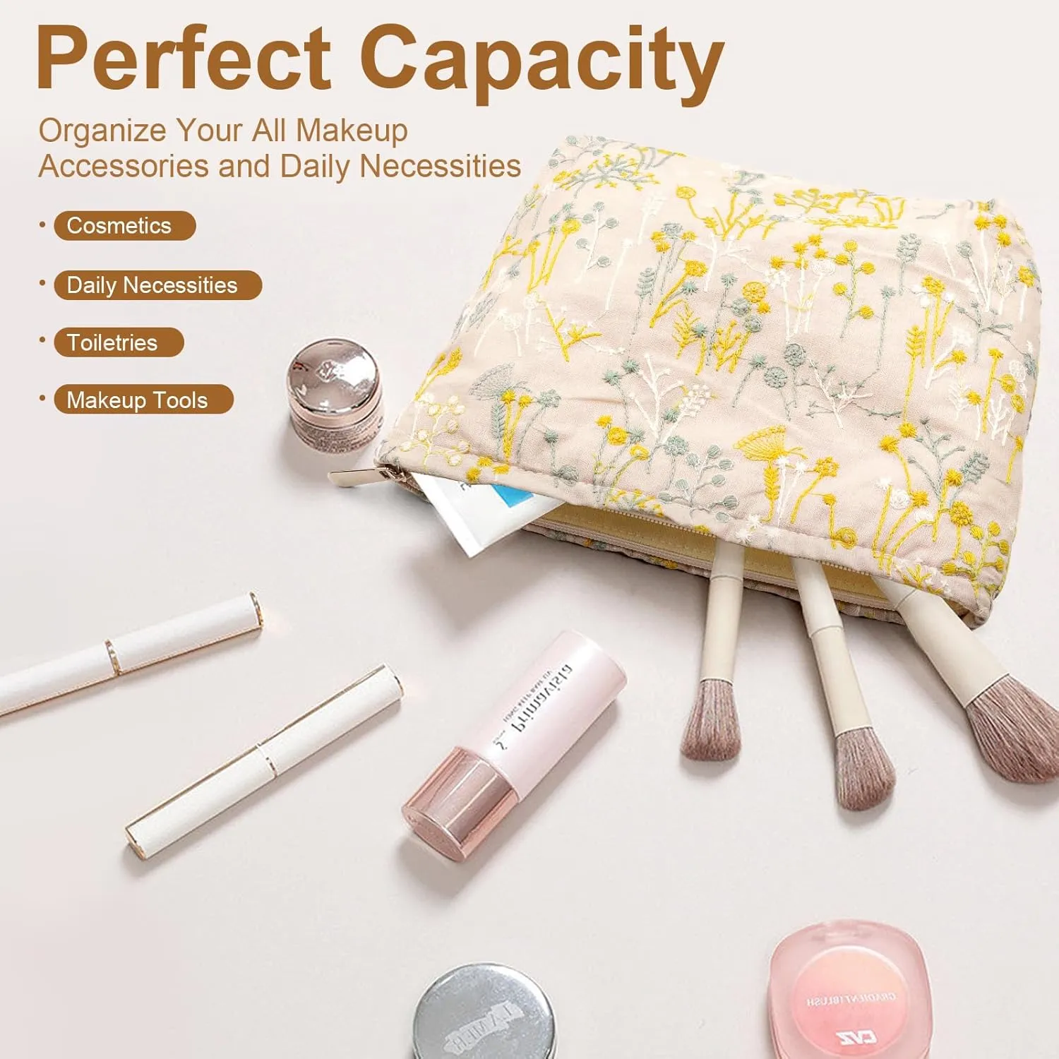 Makeup bag, Flower Cosmetic Bags for Women Girls, Large Capacity Corduroy Makeup Bag, Travel Toiletry Bag, Cosmetic Organizer Bag Zipper Pouch