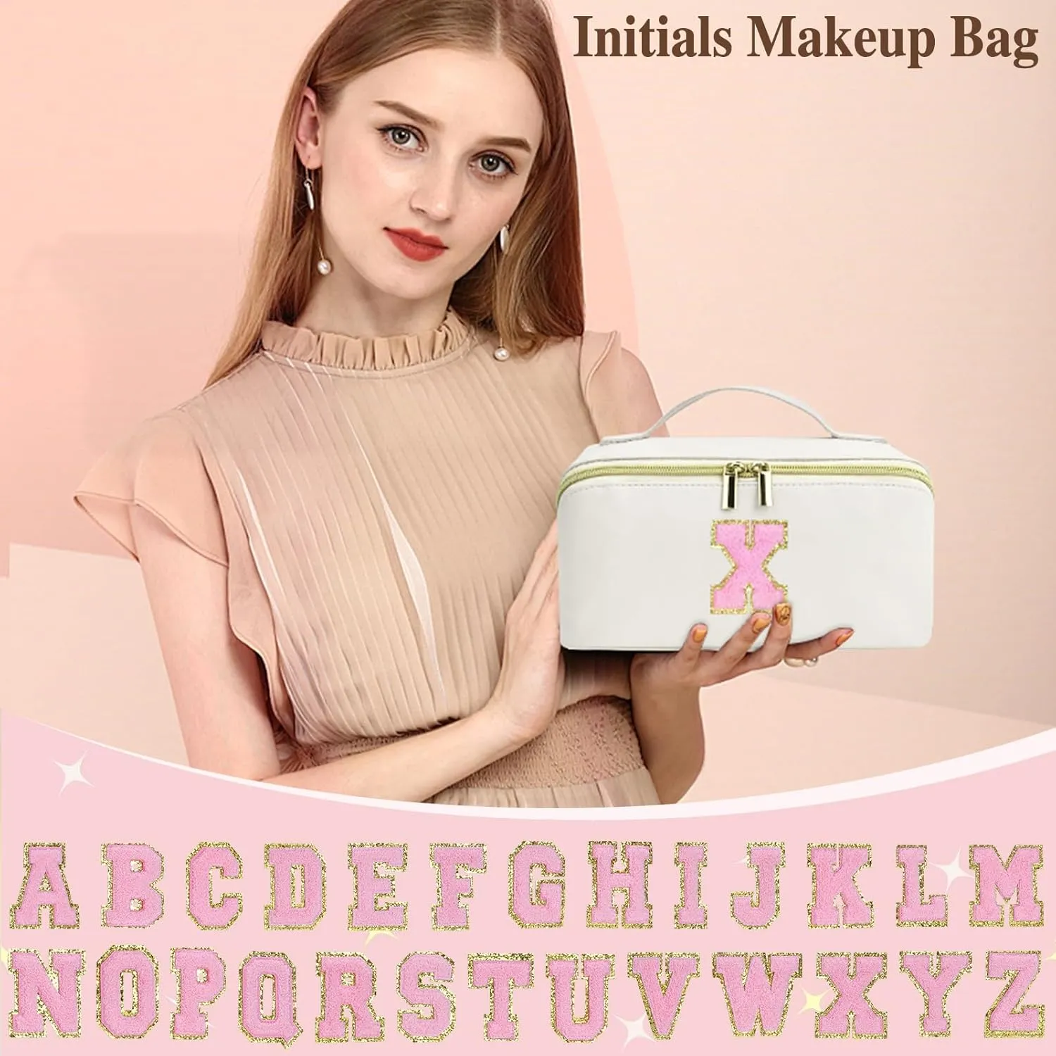 Makeup Bag for Women, PU Leather Travel Toiletry Bags, Initial Make Up Cosmetic Pouch for Teen Girls, Wide Open Portable Skincare Bag, Personalized Birthday Graduation Gifts Ideal, White M