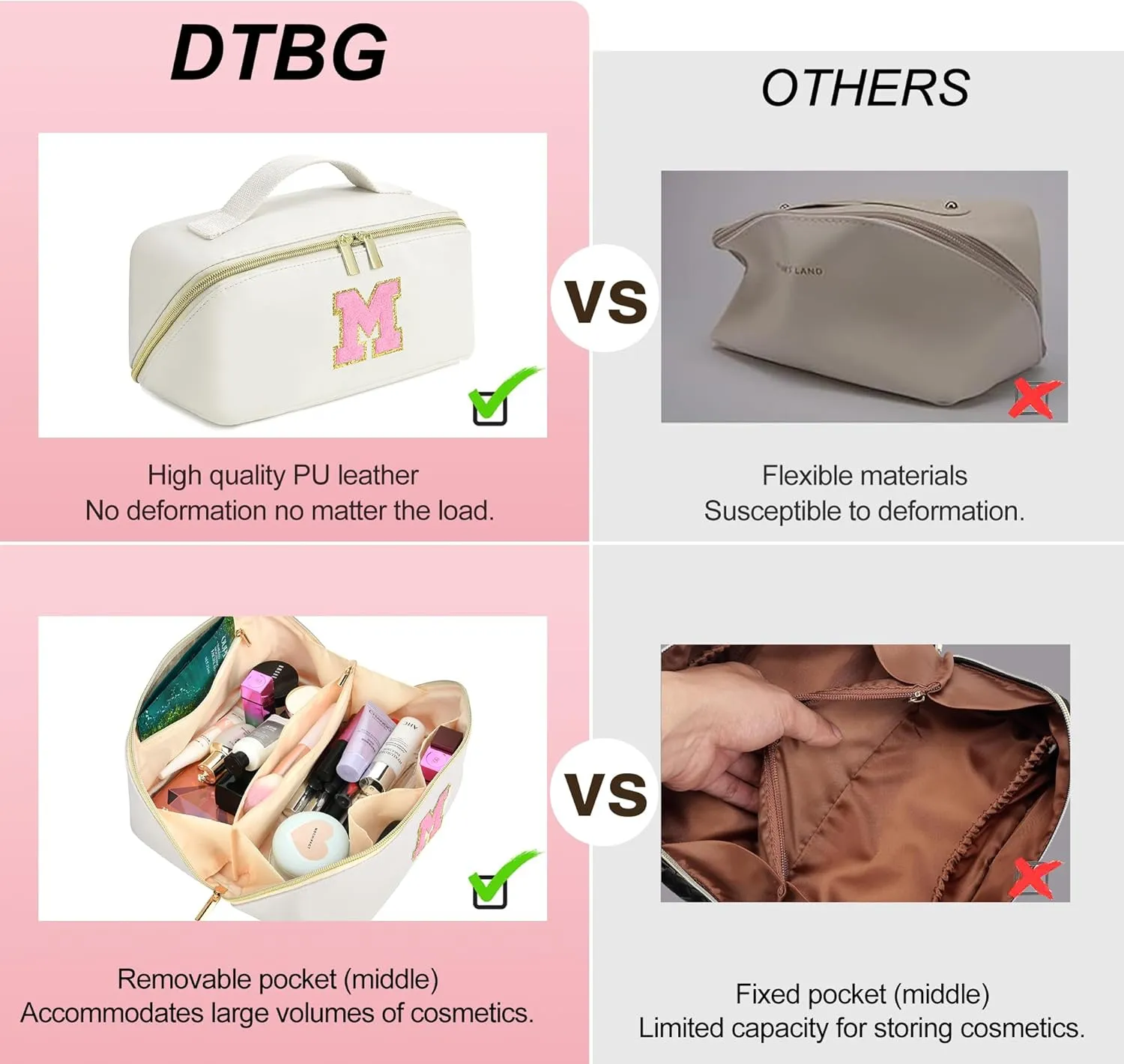 Makeup Bag for Women, PU Leather Travel Toiletry Bags, Initial Make Up Cosmetic Pouch for Teen Girls, Wide Open Portable Skincare Bag, Personalized Birthday Graduation Gifts Ideal, White M