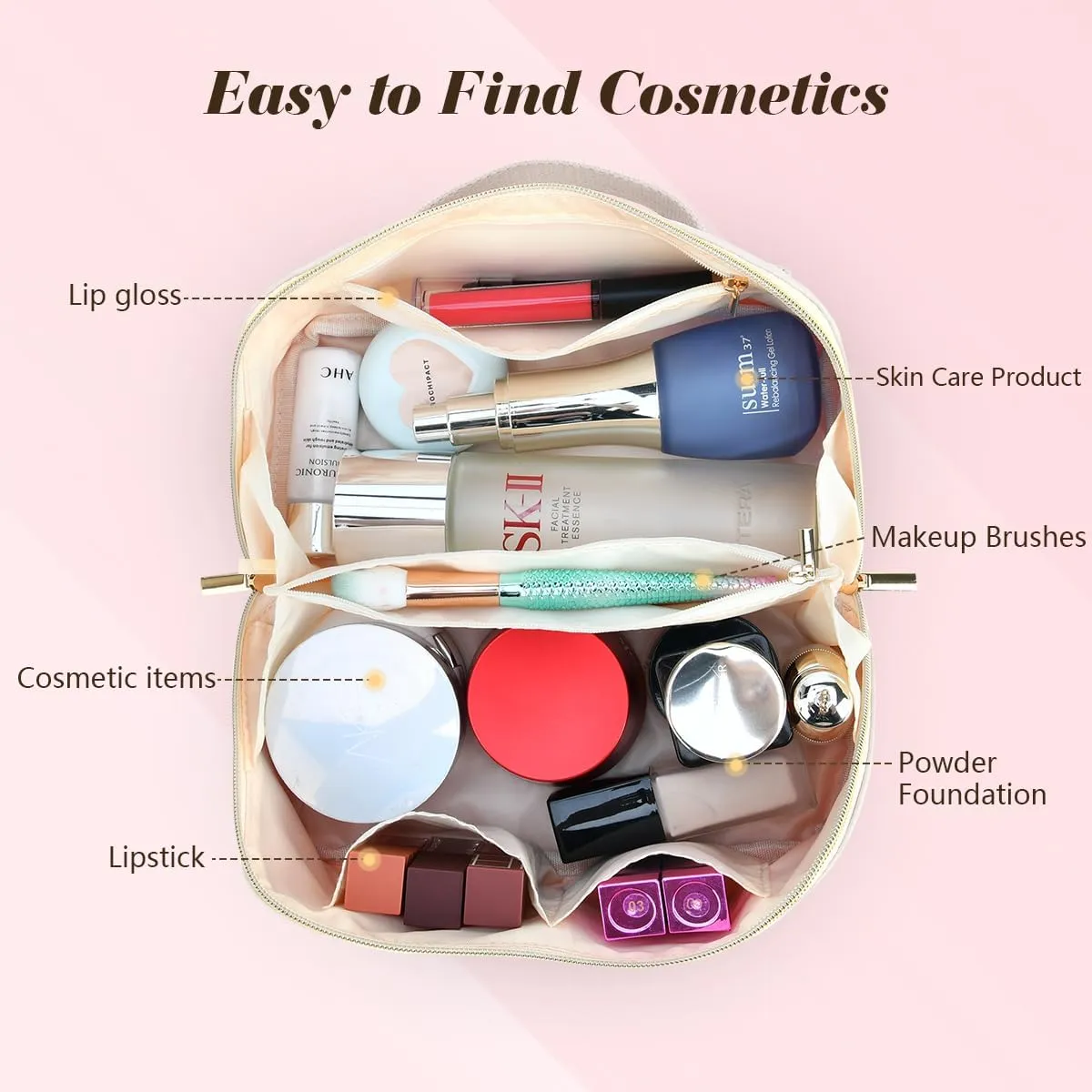 Makeup Bag for Women, PU Leather Travel Toiletry Bags, Initial Make Up Cosmetic Pouch for Teen Girls, Wide Open Portable Skincare Bag, Personalized Birthday Graduation Gifts Ideal, White M