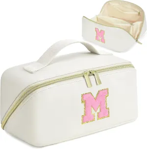 Makeup Bag for Women, PU Leather Travel Toiletry Bags, Initial Make Up Cosmetic Pouch for Teen Girls, Wide Open Portable Skincare Bag, Personalized Birthday Graduation Gifts Ideal, White M