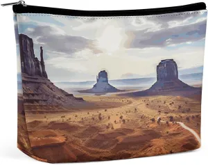 Makeup Bag Large Capacity Travel Makeup Bag PU Leather Cosmetic Bag for Women Landscape of Monument Valley Toiletry Bag Portable Zipper Makeup Organizer
