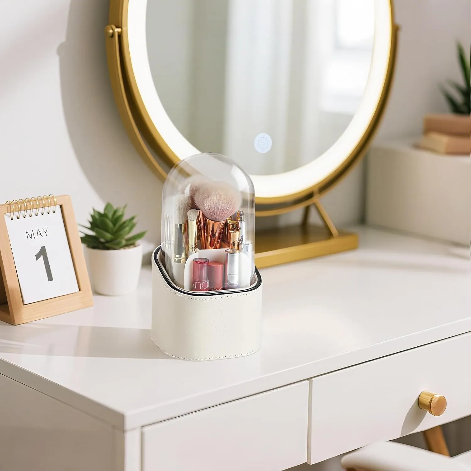 Makeup Brush Holder with Lid, PU Leather Makeup Brush Organizer for Vanity Bathroom Countertop, Dustproof Makeup Organizers (Cream)