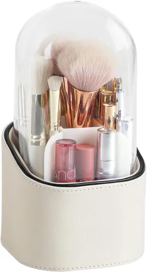 Makeup Brush Holder with Lid, PU Leather Makeup Brush Organizer for Vanity Bathroom Countertop, Dustproof Makeup Organizers (Cream)