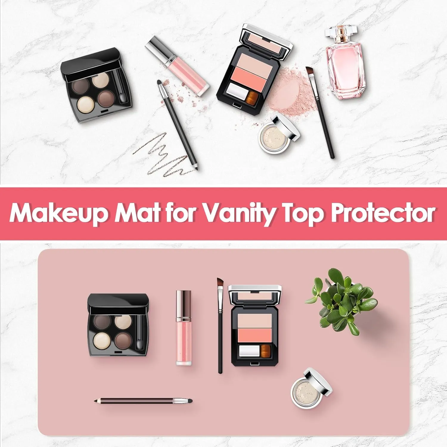Makeup Mat for Vanity to Protect Vanity Desk Top, Dual-Sided Vanity Mat, Easy to Clean Vanity Desk Mat - Vanity Makeup Pads Waterproof and Oilproof, 43.3x11.8in(Pink and Silver)