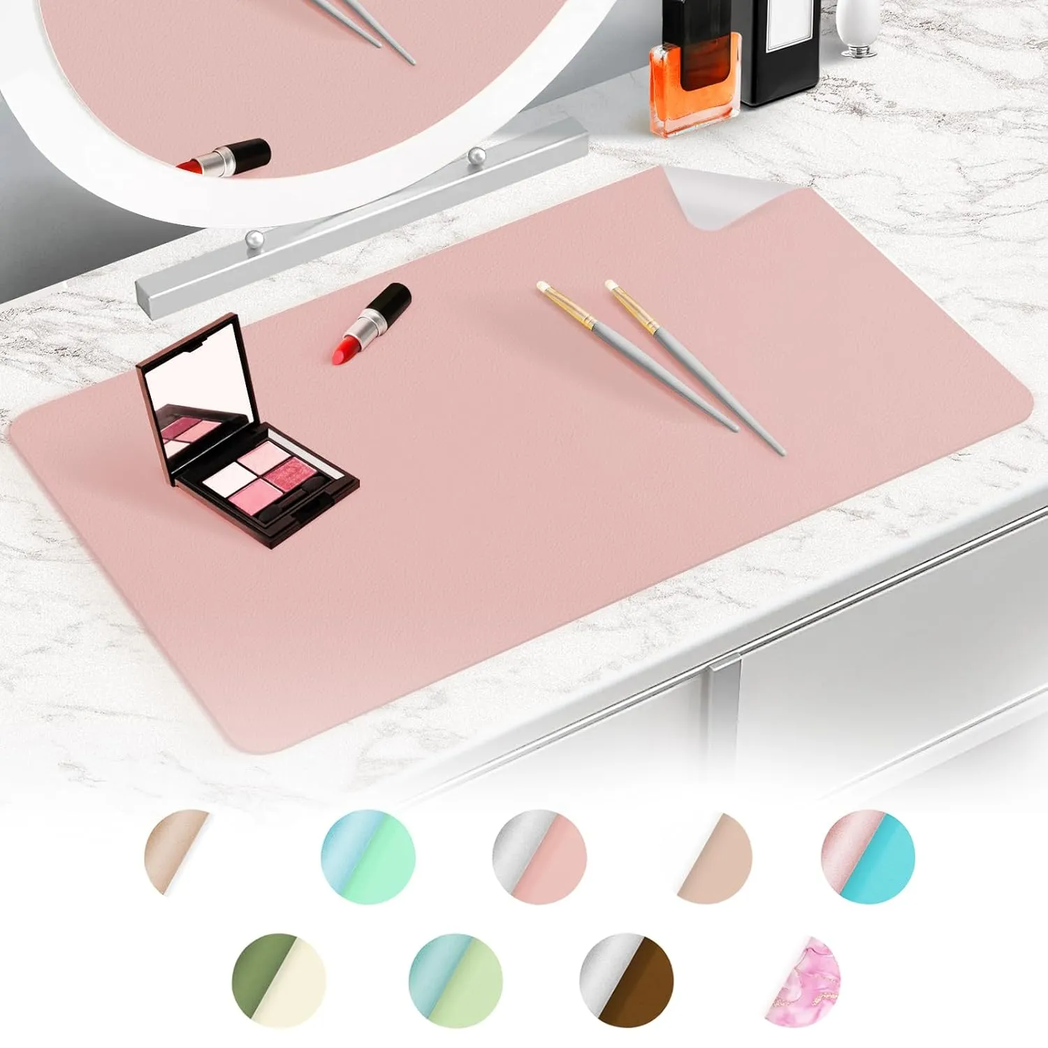 Makeup Mat for Vanity to Protect Vanity Desk Top, Dual-Sided Vanity Mat, Easy to Clean Vanity Desk Mat - Vanity Makeup Pads Waterproof and Oilproof, 43.3x11.8in(Pink and Silver)