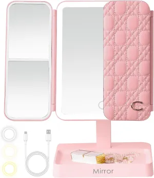 Makeup Mirror Vanity Mirror with Lights, 83 LEDs, 360-Degree Uniform Fill Light, 3-Color Lighting, Touch Control, Trifold Makeup Mirror,Portable Led Travel Mirror，Women Gift