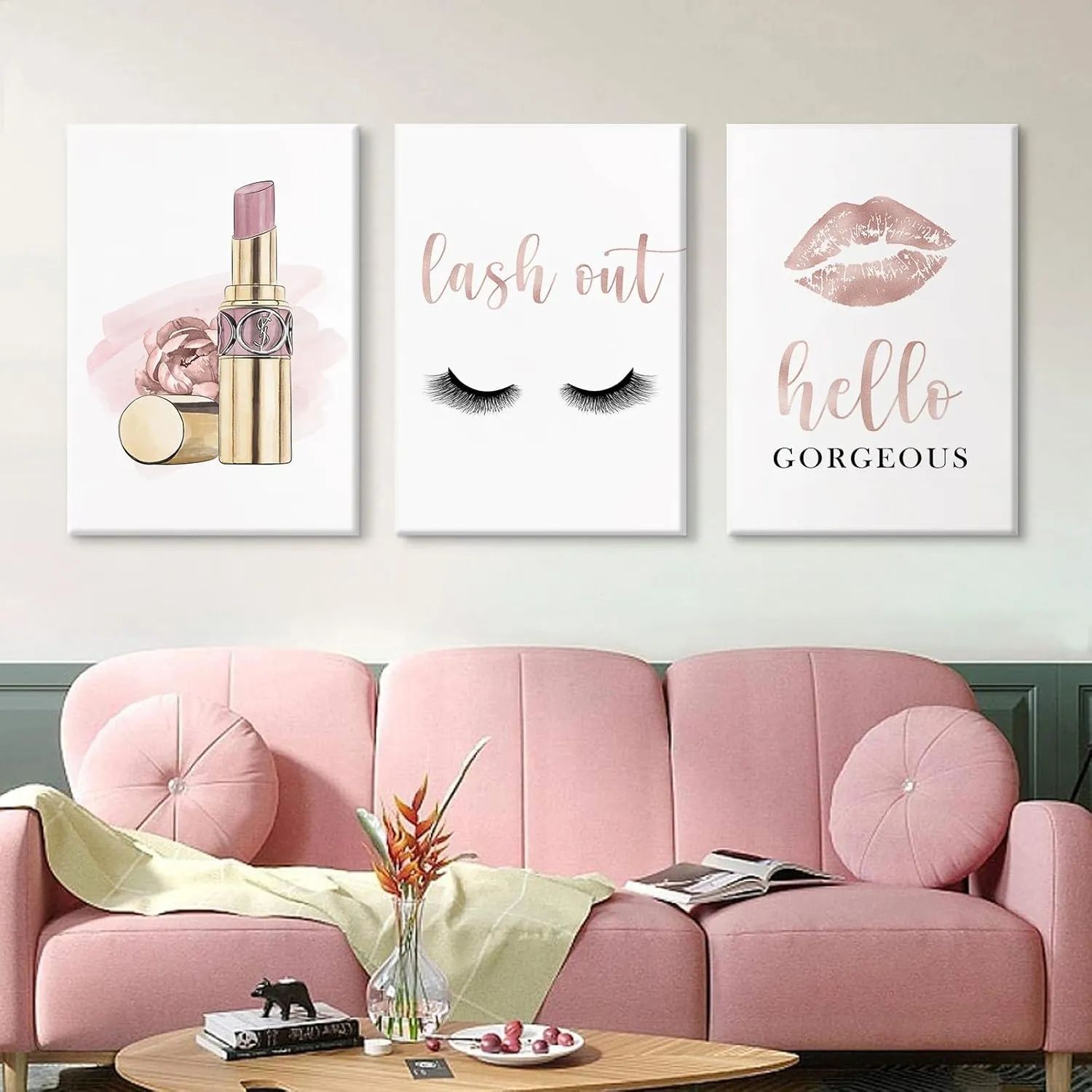 Makeup Wall Art Canvas Fashion Art Eyelash Pictures Wall Decor Lipstick Lips Lash Painting Decor Beauty Salon Wall Art Rose Gold Fashion Poster for Woman 16x24 Inch Framed