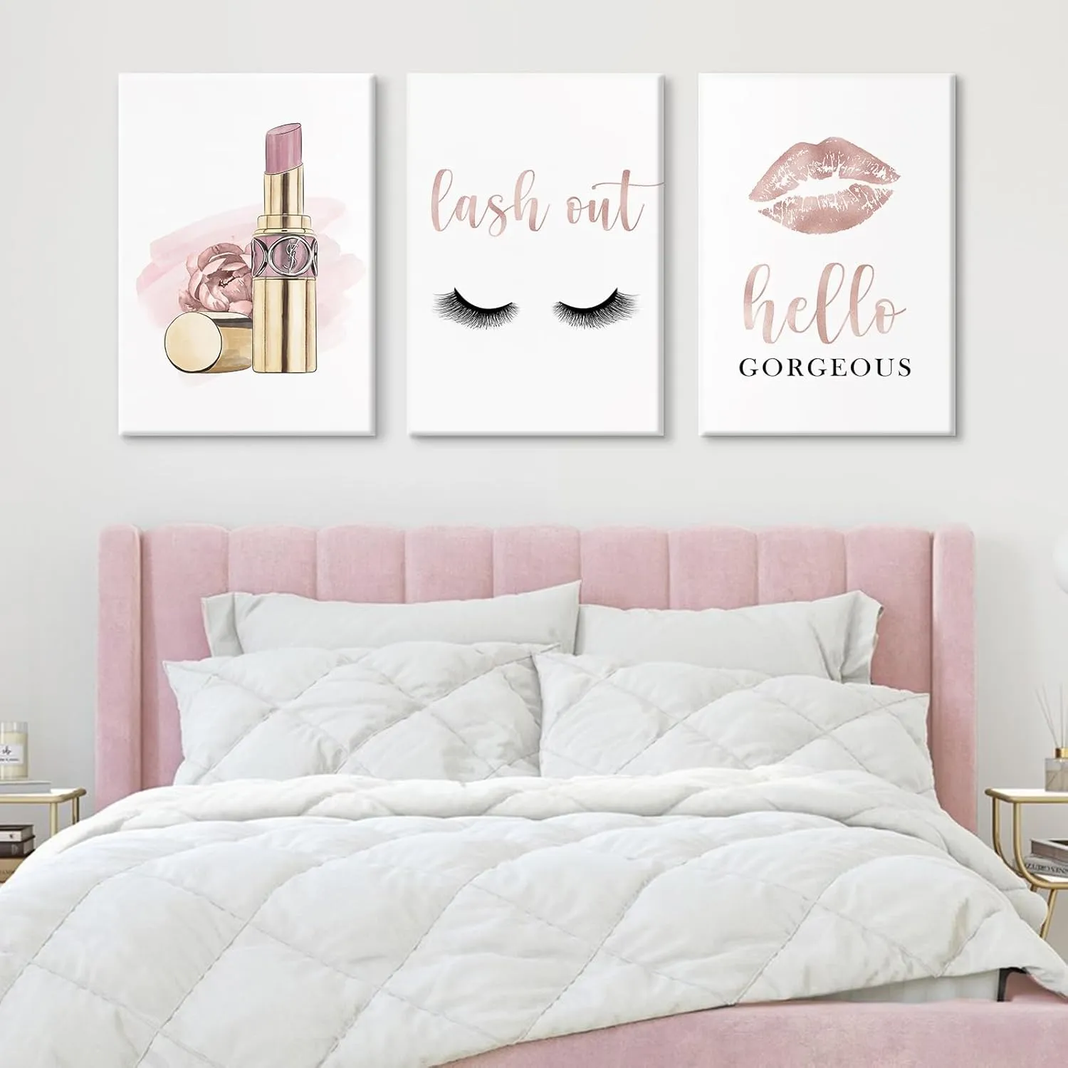 Makeup Wall Art Canvas Fashion Art Eyelash Pictures Wall Decor Lipstick Lips Lash Painting Decor Beauty Salon Wall Art Rose Gold Fashion Poster for Woman 16x24 Inch Framed