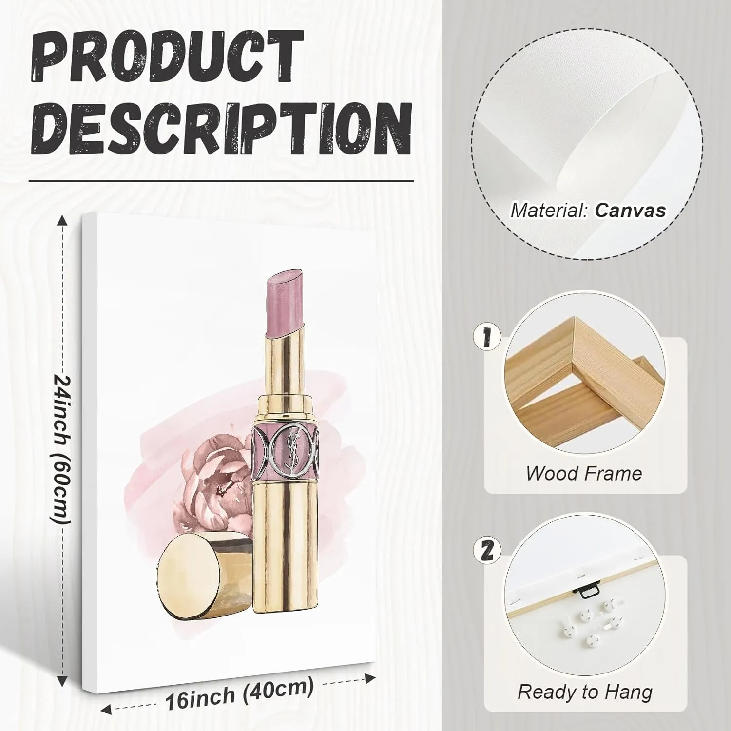 Makeup Wall Art Canvas Fashion Art Eyelash Pictures Wall Decor Lipstick Lips Lash Painting Decor Beauty Salon Wall Art Rose Gold Fashion Poster for Woman 16x24 Inch Framed