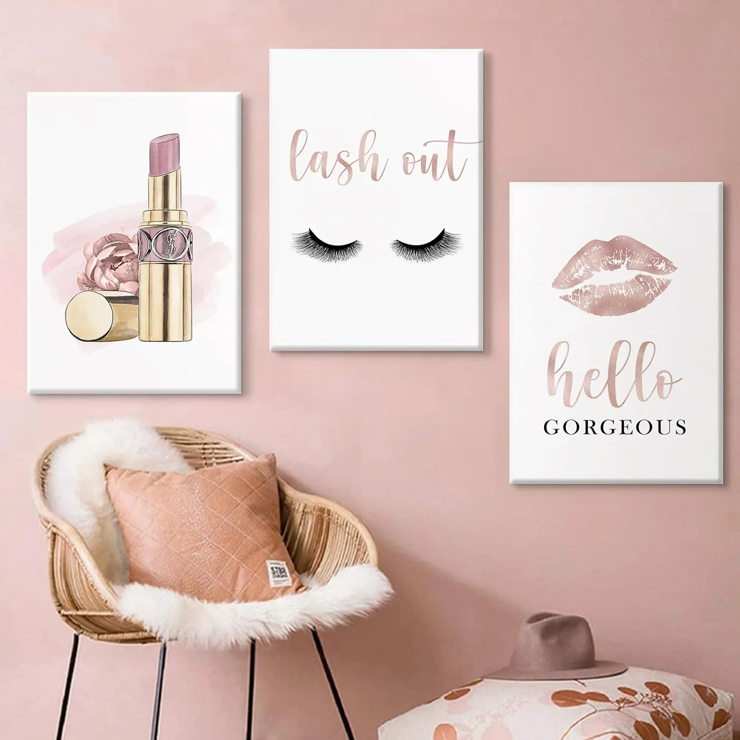 Makeup Wall Art Canvas Fashion Art Eyelash Pictures Wall Decor Lipstick Lips Lash Painting Decor Beauty Salon Wall Art Rose Gold Fashion Poster for Woman 16x24 Inch Framed