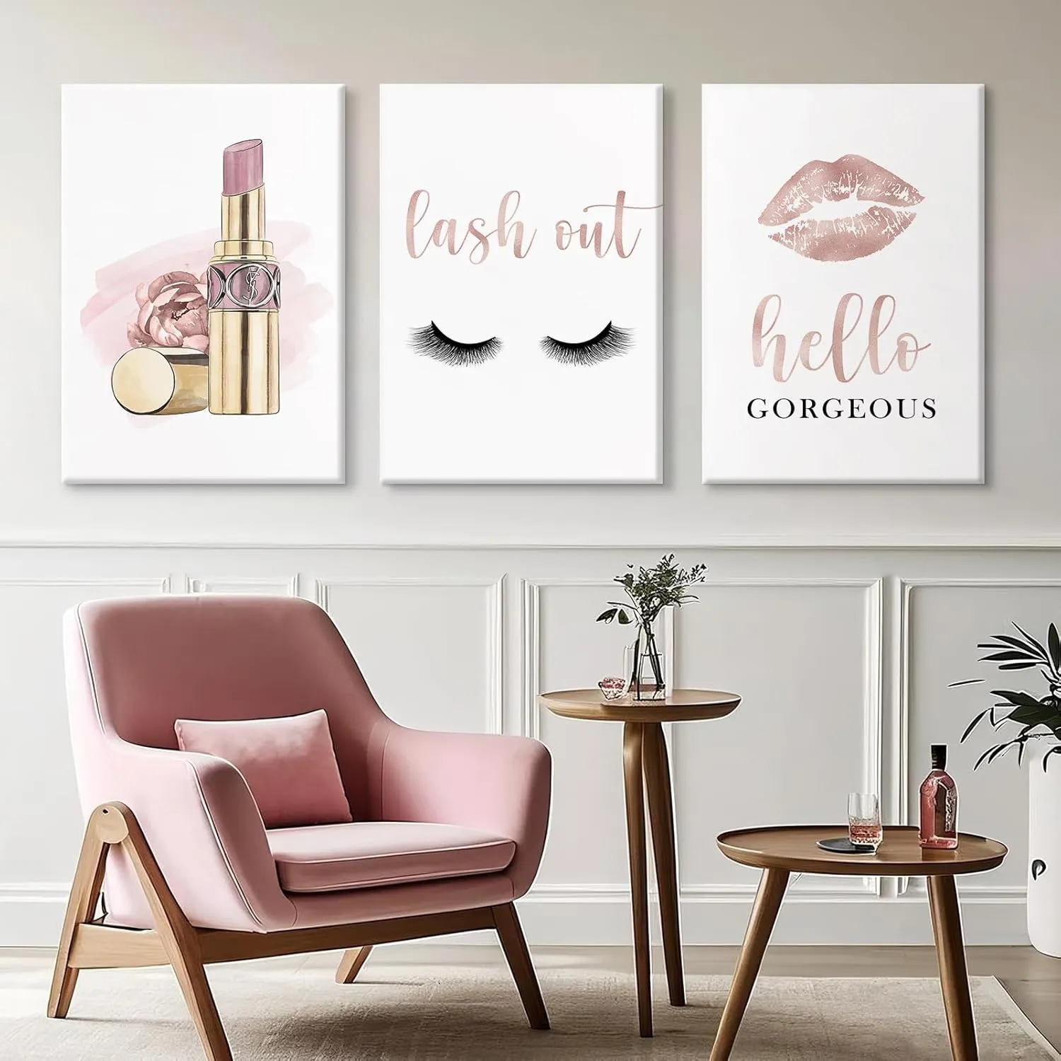 Makeup Wall Art Canvas Fashion Art Eyelash Pictures Wall Decor Lipstick Lips Lash Painting Decor Beauty Salon Wall Art Rose Gold Fashion Poster for Woman 16x24 Inch Framed