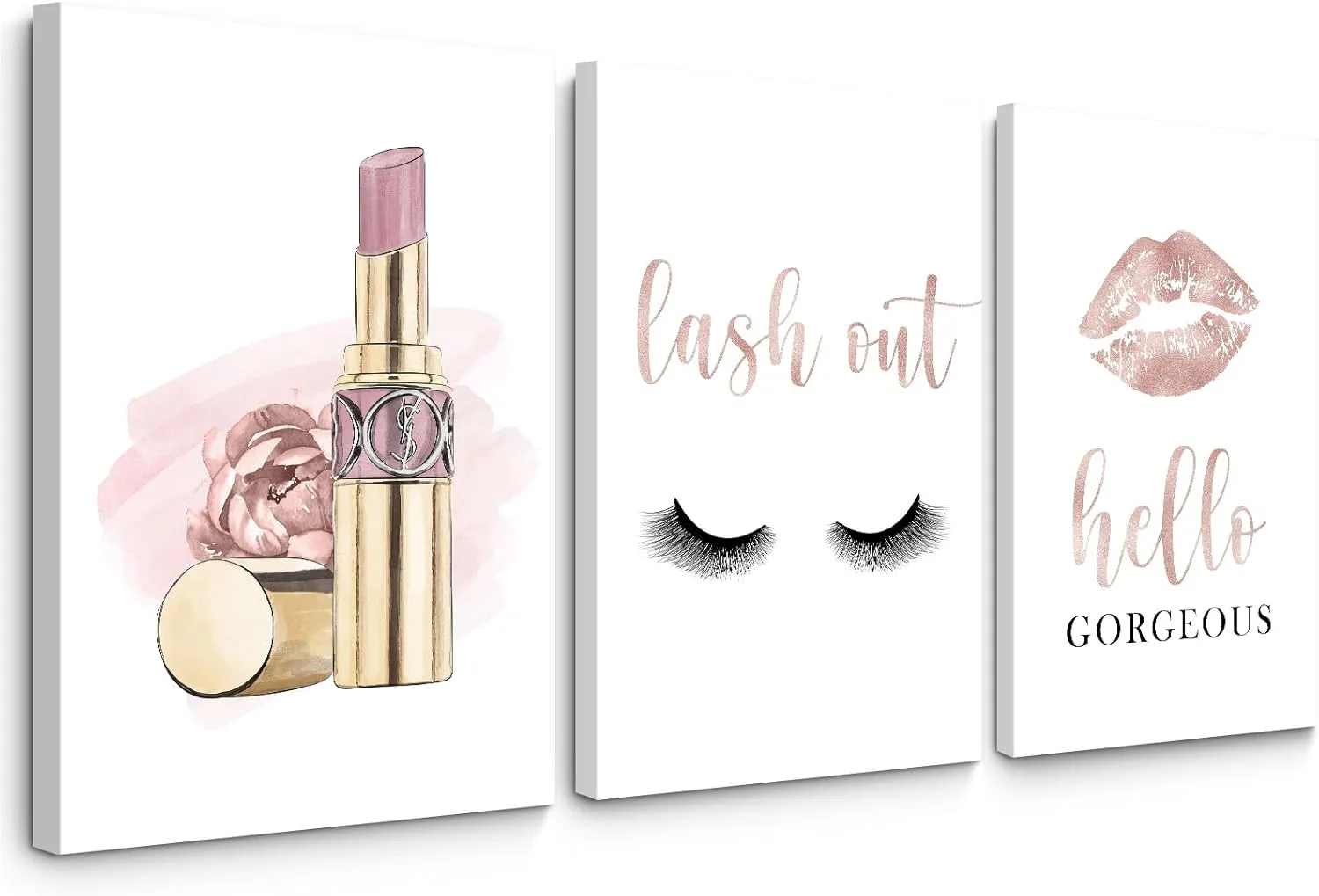 Makeup Wall Art Canvas Fashion Art Eyelash Pictures Wall Decor Lipstick Lips Lash Painting Decor Beauty Salon Wall Art Rose Gold Fashion Poster for Woman 16x24 Inch Framed