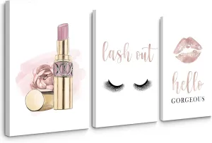 Makeup Wall Art Canvas Fashion Art Eyelash Pictures Wall Decor Lipstick Lips Lash Painting Decor Beauty Salon Wall Art Rose Gold Fashion Poster for Woman 16x24 Inch Framed