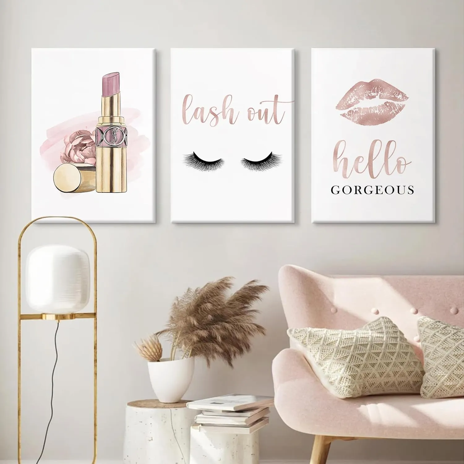 Makeup Wall Art Canvas Fashion Art Eyelash Pictures Wall Decor Lipstick Lips Lash Painting Decor Beauty Salon Wall Art Rose Gold Fashion Poster for Woman 16x24 Inch Framed
