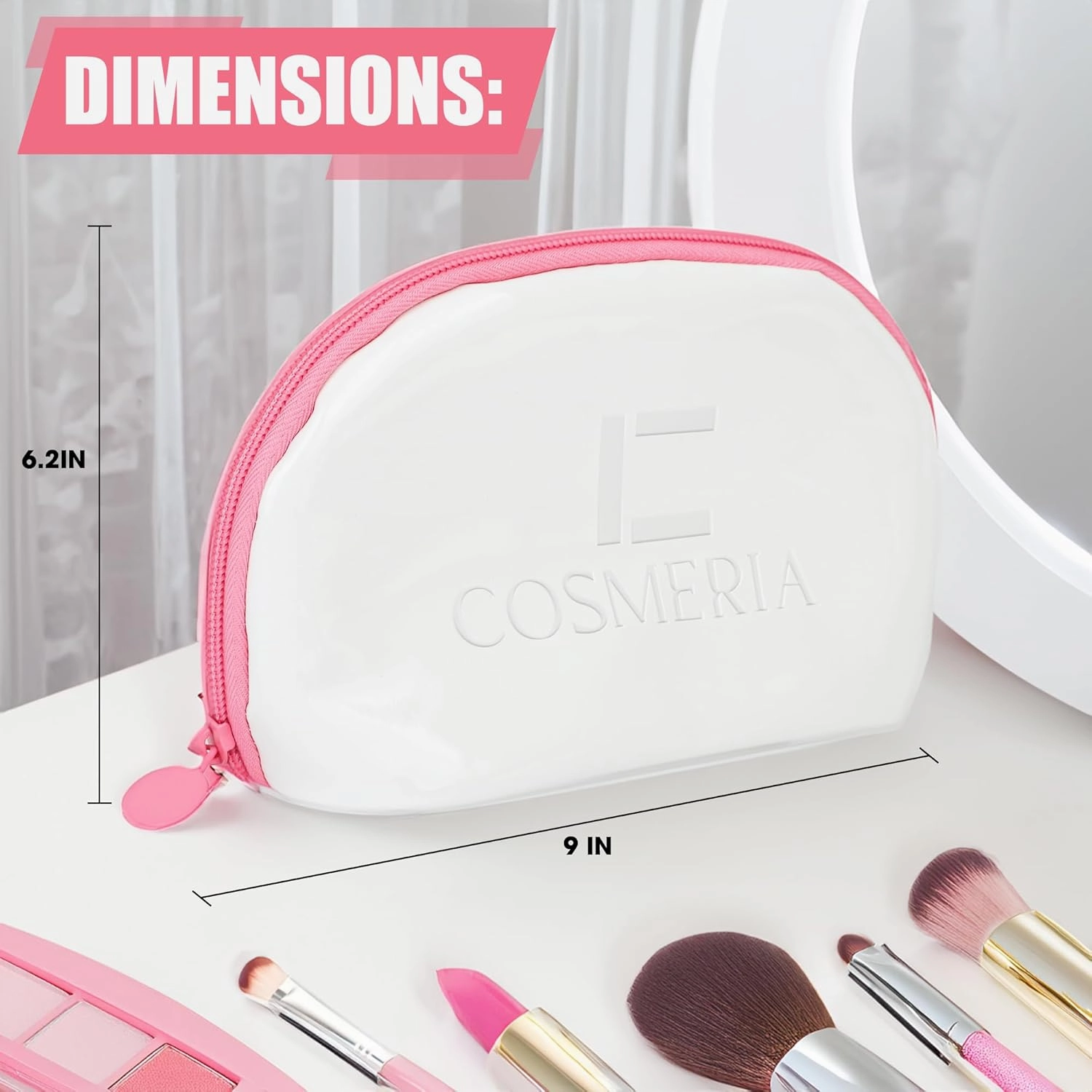 Makeup Bag & Travel Cosmetic Bag - Toiletry Bag for Women Fits Carry-On and Suitcase - Make Up Faux Patent Leather Pouch with Durable Hot Pink Zipper, Medium