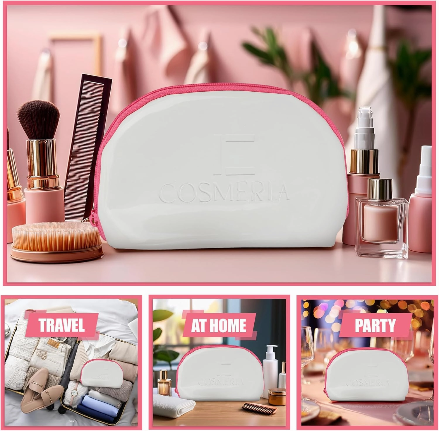 Makeup Bag & Travel Cosmetic Bag - Toiletry Bag for Women Fits Carry-On and Suitcase - Make Up Faux Patent Leather Pouch with Durable Hot Pink Zipper, Medium