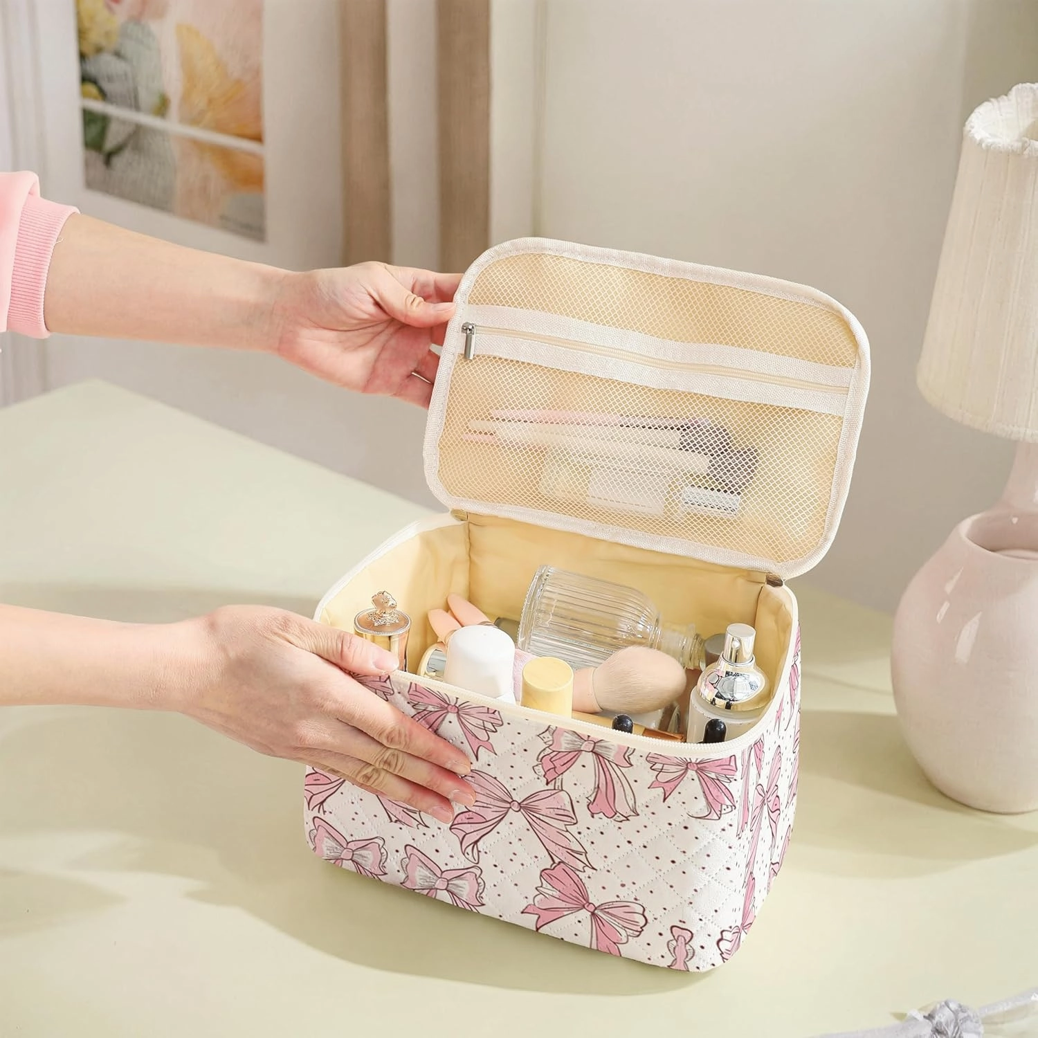 Makeup Bag For Women,Travel Toiletry Organizer,Cute Quilted Cotton Cosmetic Pouch,Portable Make Up Bags For Friendship Gift 2Pack