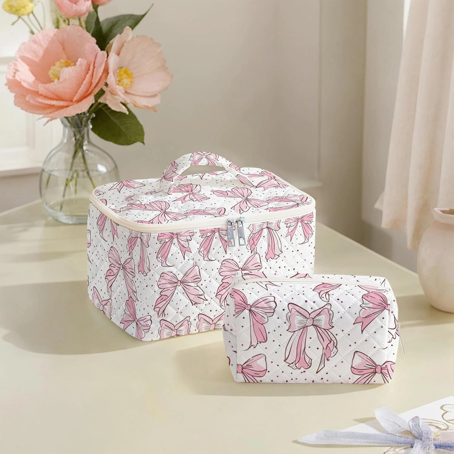 Makeup Bag For Women,Travel Toiletry Organizer,Cute Quilted Cotton Cosmetic Pouch,Portable Make Up Bags For Friendship Gift 2Pack