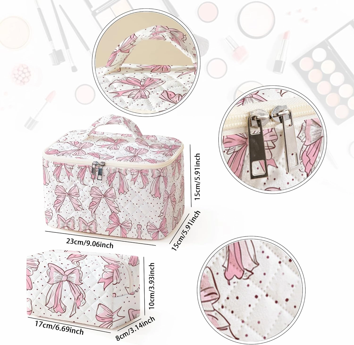 Makeup Bag For Women,Travel Toiletry Organizer,Cute Quilted Cotton Cosmetic Pouch,Portable Make Up Bags For Friendship Gift 2Pack