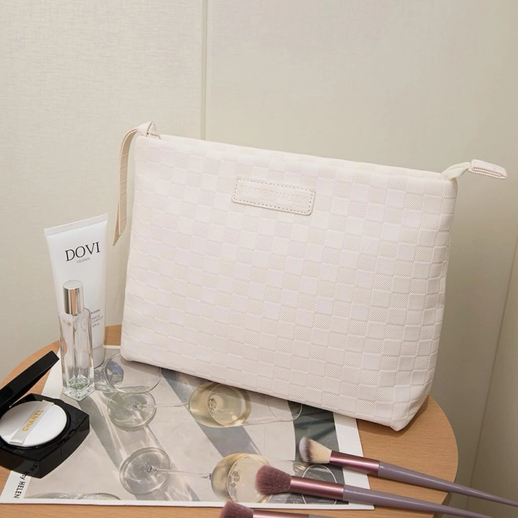 Makeup Bag Large Capacity Makeup Pouch Travel Cosmetic Bag for Women Cosmetics Skincare Care Organizer with Compartments (Brown Checkered)