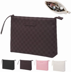 Makeup Bag Large Capacity Makeup Pouch Travel Cosmetic Bag for Women Cosmetics Skincare Care Organizer with Compartments (Brown Checkered)