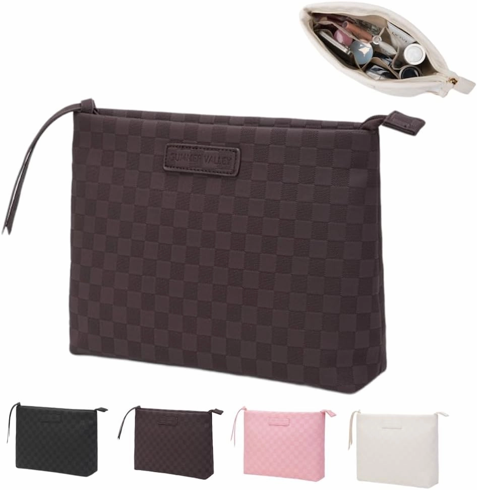 Makeup Bag Large Capacity Makeup Pouch Travel Cosmetic Bag for Women Cosmetics Skincare Care Organizer with Compartments (Brown Checkered)