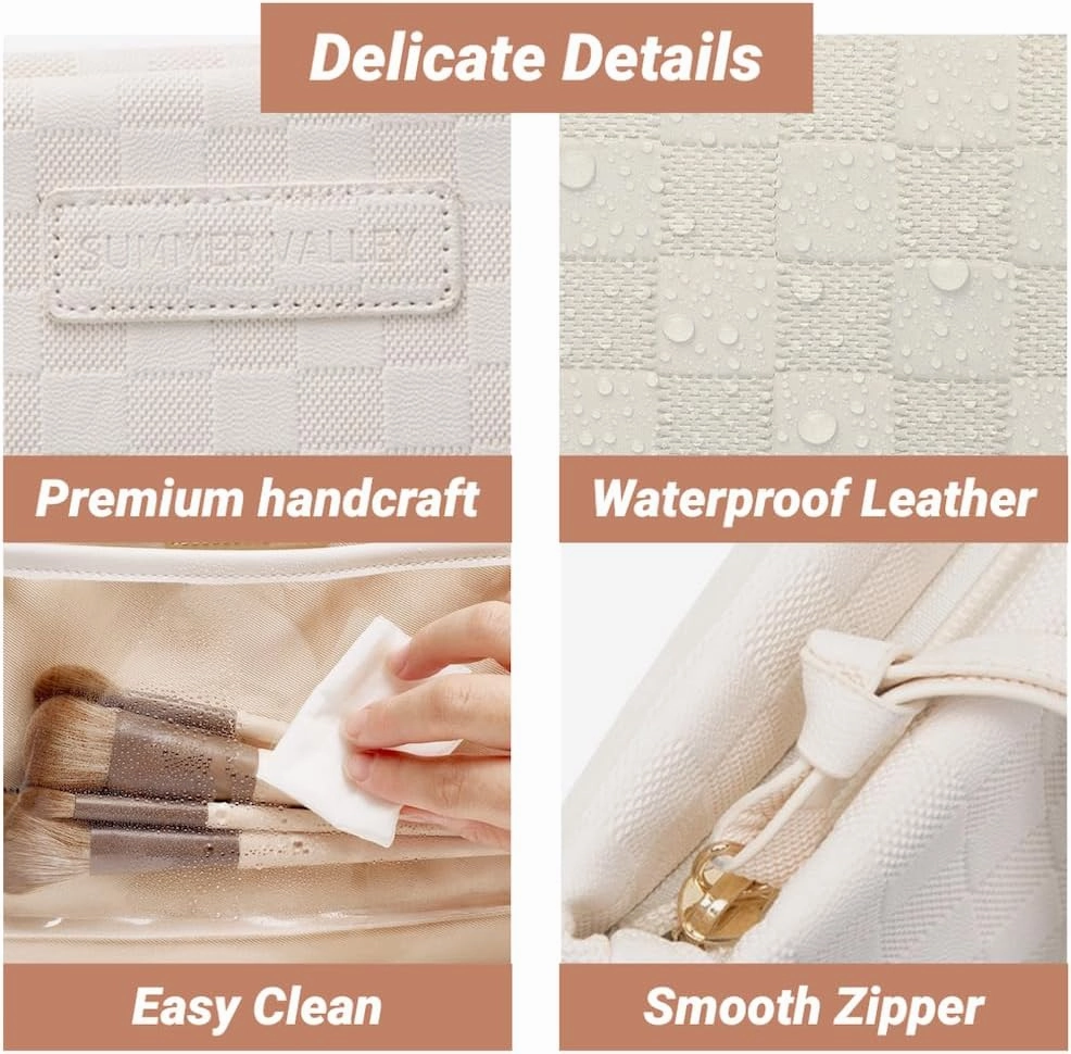 Makeup Bag Large Capacity Makeup Pouch Travel Cosmetic Bag for Women Cosmetics Skincare Care Organizer with Compartments (Brown Checkered)