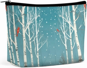 Makeup Bag Large Capacity Travel Makeup Bag PU Leather Cosmetic Bag for Women Merry Christmas Birch Tree Toiletry Bag Portable Zipper Makeup Organizer