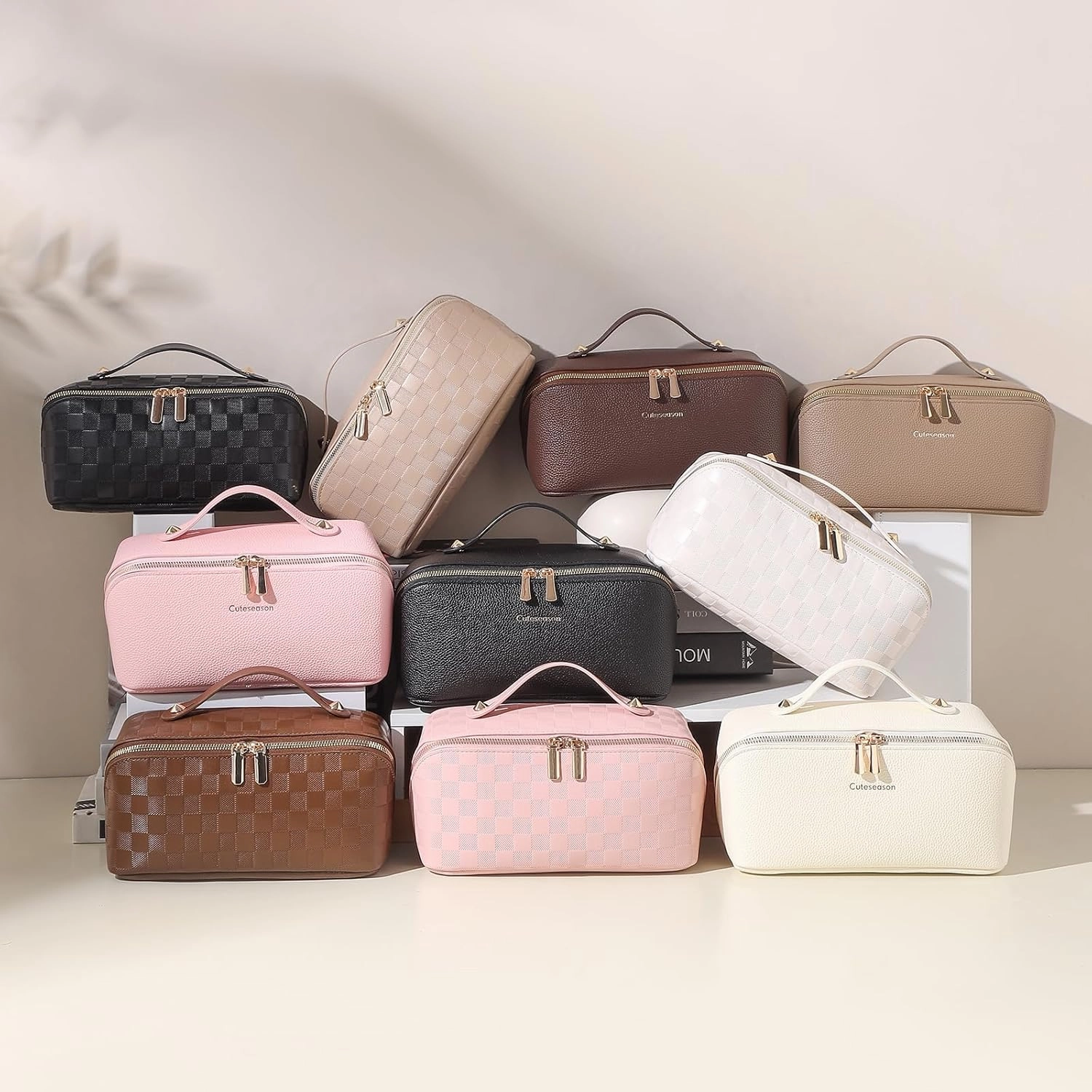 Makeup Bag, Travel Toiletry Bag for Women, Large Capacity Waterproof PU Leather Cosmetic Bags Make Up Organizer Bags with Headband and Wristband Set (Khaki, Lychee Pattern)