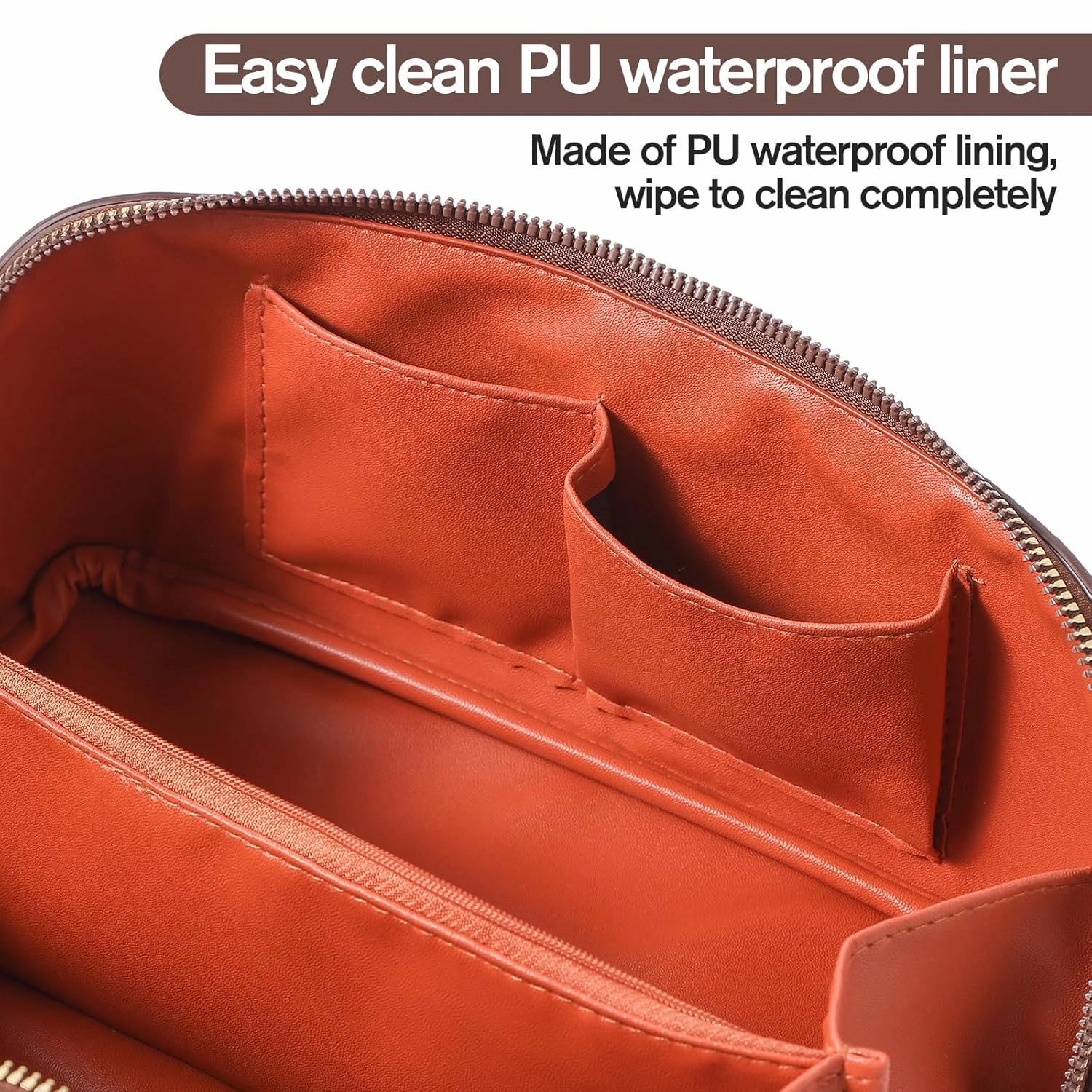 Makeup Bag, Travel Toiletry Bag for Women, Large Capacity Waterproof PU Leather Cosmetic Bags Make Up Organizer Bags with Headband and Wristband Set (Khaki, Lychee Pattern)