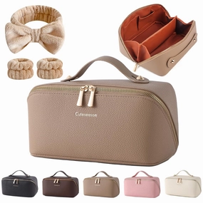 Makeup Bag, Travel Toiletry Bag for Women, Large Capacity Waterproof PU Leather Cosmetic Bags Make Up Organizer Bags with Headband and Wristband Set (Khaki, Lychee Pattern)