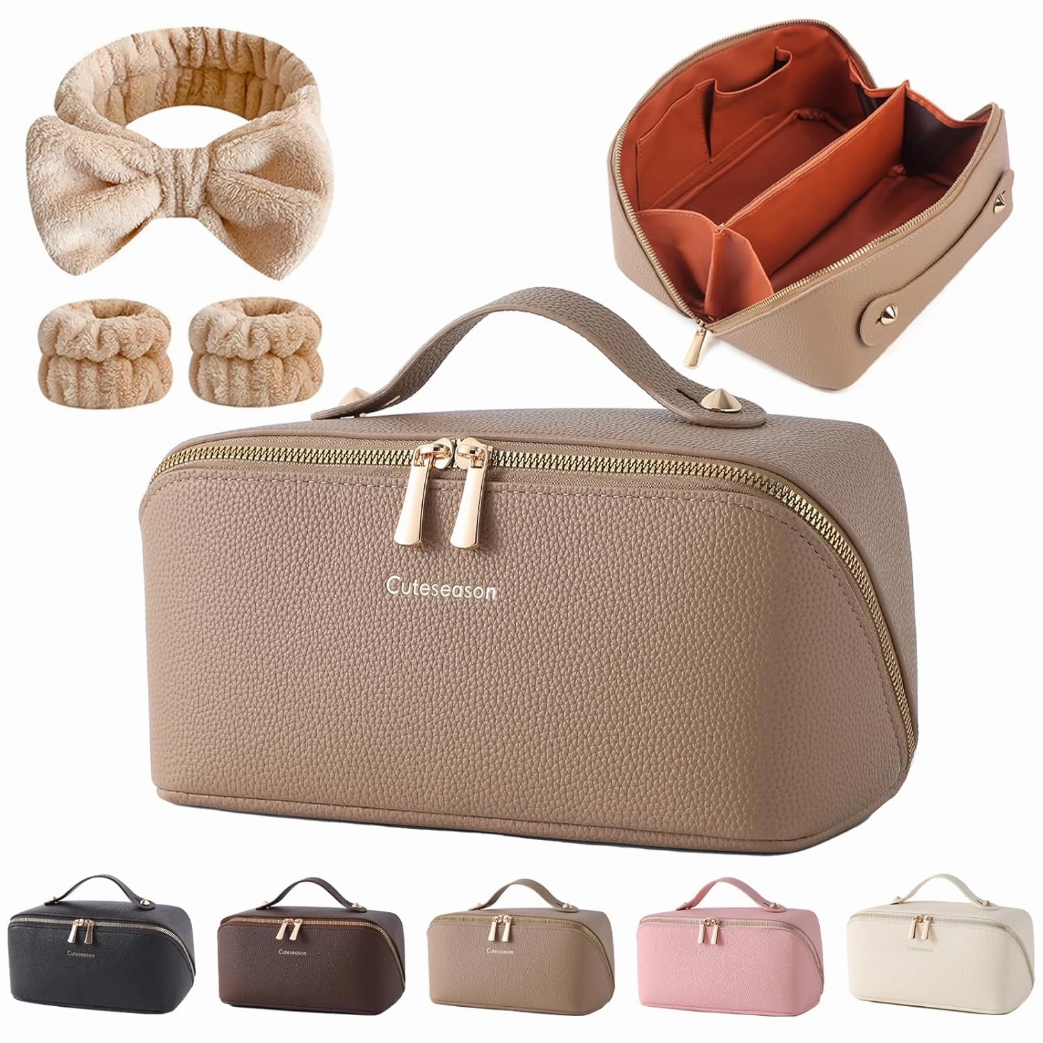 Makeup Bag, Travel Toiletry Bag for Women, Large Capacity Waterproof PU Leather Cosmetic Bags Make Up Organizer Bags with Headband and Wristband Set (Khaki, Lychee Pattern)