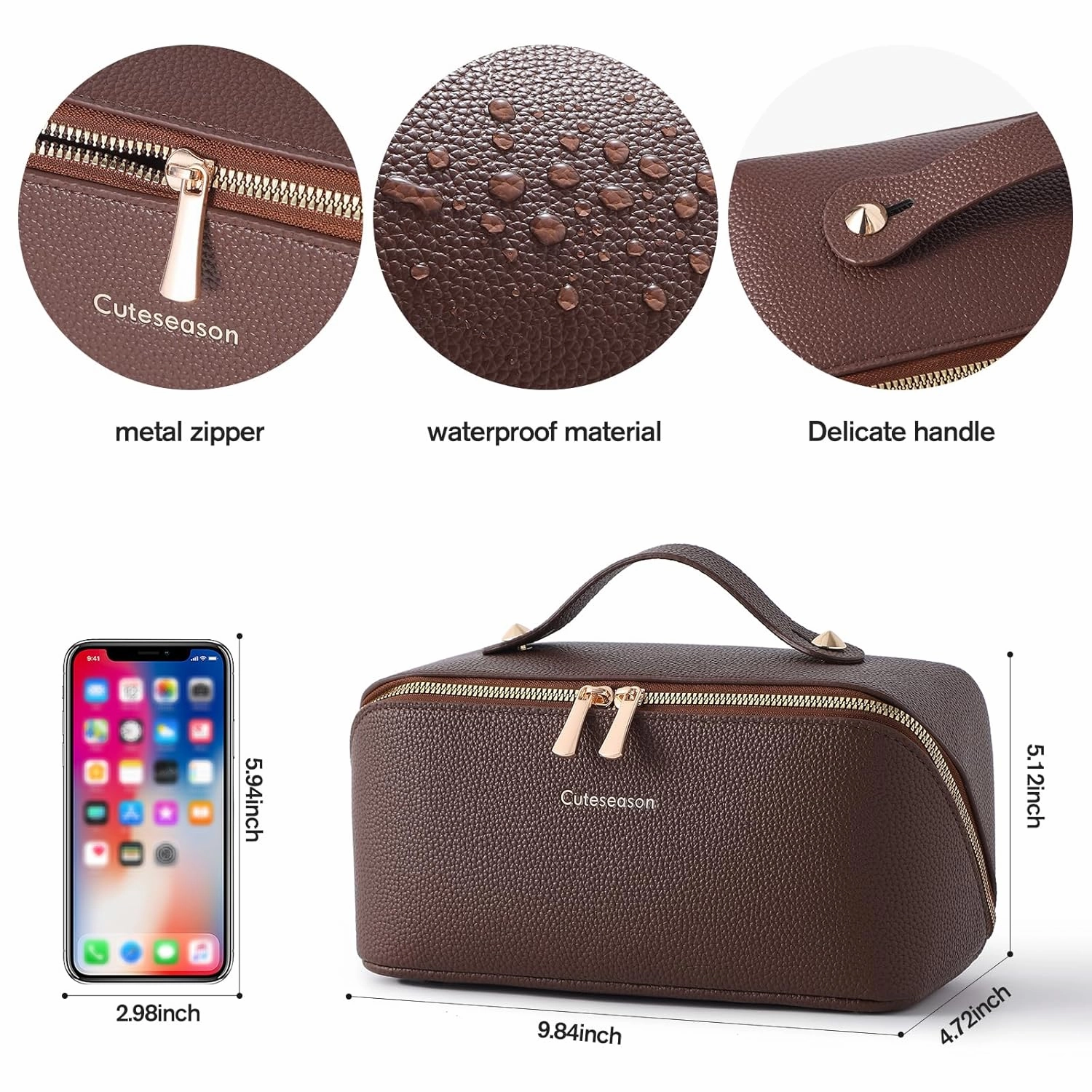 Makeup Bag, Travel Toiletry Bag for Women, Large Capacity Waterproof PU Leather Cosmetic Bags Make Up Organizer Bags with Headband and Wristband Set (Khaki, Lychee Pattern)