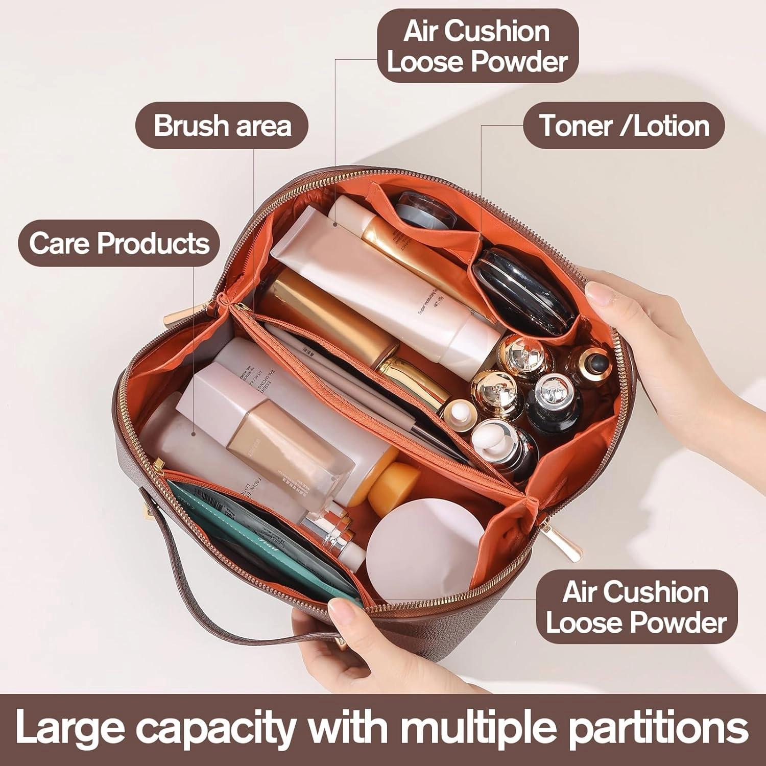 Makeup Bag, Travel Toiletry Bag for Women, Large Capacity Waterproof PU Leather Cosmetic Bags Make Up Organizer Bags with Headband and Wristband Set (Khaki, Lychee Pattern)
