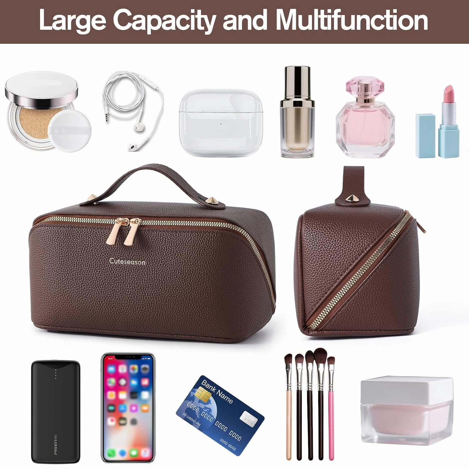 Makeup Bag, Travel Toiletry Bag for Women, Large Capacity Waterproof PU Leather Cosmetic Bags Make Up Organizer Bags with Headband and Wristband Set (Khaki, Lychee Pattern)