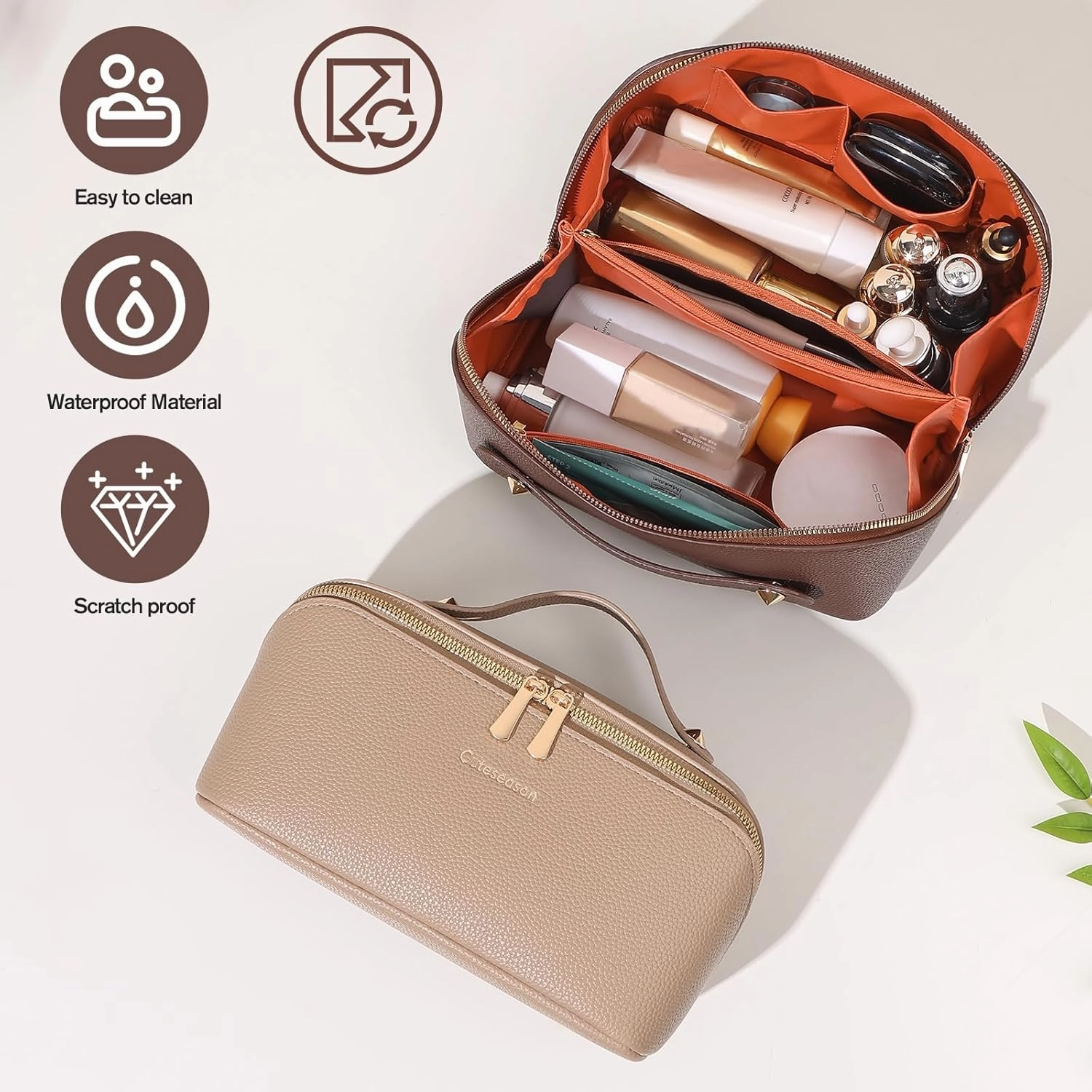 Makeup Bag, Travel Toiletry Bag for Women, Large Capacity Waterproof PU Leather Cosmetic Bags Make Up Organizer Bags with Headband and Wristband Set (Khaki, Lychee Pattern)