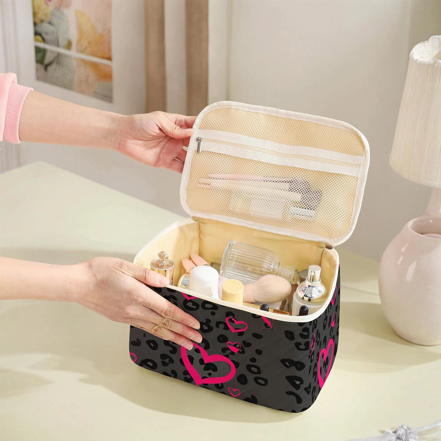 Makeup Bag,Travel Toiletry Organizer,Cute Quilted Cotton Cosmetic Pouch,Portable Make Up Bags For Women Friendship Gift Set