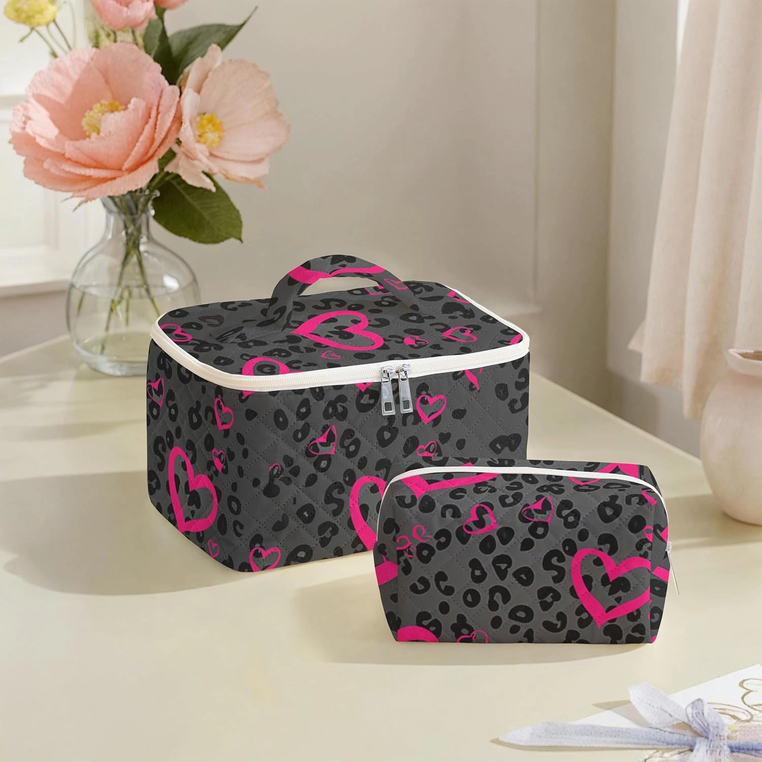 Makeup Bag,Travel Toiletry Organizer,Cute Quilted Cotton Cosmetic Pouch,Portable Make Up Bags For Women Friendship Gift Set