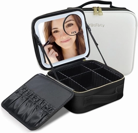 Makeup Bag with Light Up Mirror Travel Cosmetic Case Box - 3 Color LED Lighted Mirror with Adjustable Brightness - Waterproof Leather - Adjustable Dividers - Brush Organizer Included (White)
