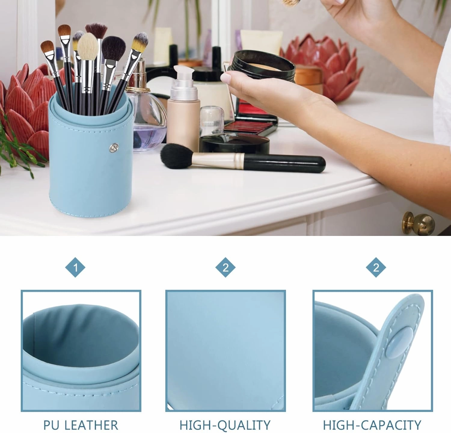 Makeup Brush Bag Makeup Brush Holder with Lid Travel Brushes Case Bag Cup Pu Leather Cosmetic Holders Organizer Storage Box for Women Girls Lake Blue Makeup Brush Travel Case