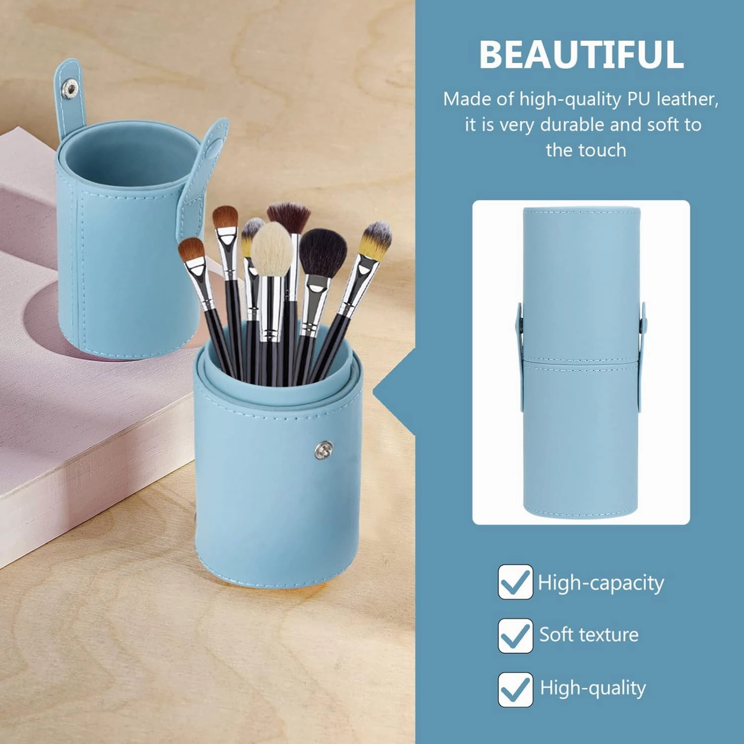 Makeup Brush Bag Makeup Brush Holder with Lid Travel Brushes Case Bag Cup Pu Leather Cosmetic Holders Organizer Storage Box for Women Girls Lake Blue Makeup Brush Travel Case