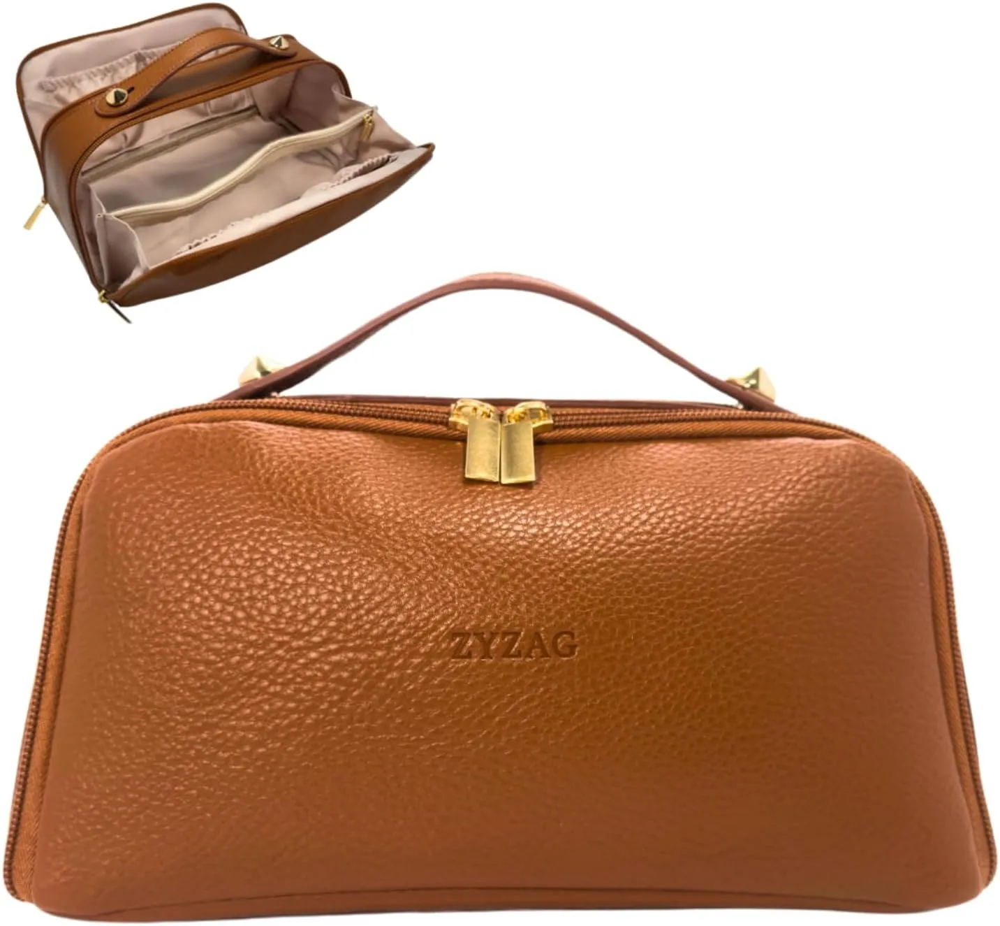 Medium Travel Makeup Bag Cosmetic Bags for Women, Waterproof PU Leather Make Up Organizer Portable Pouch Toiletry Bag, Large Capacity with 2-Zipper Design to Open Flat (Brown)